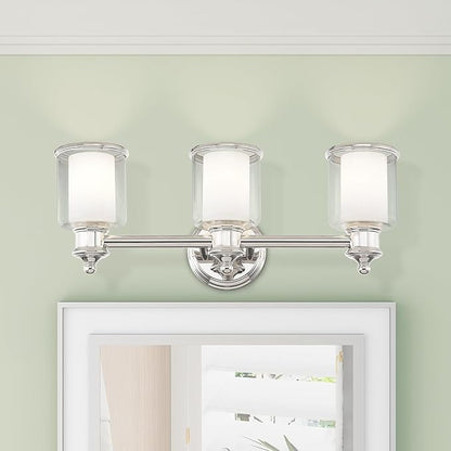 Livex Lighting 40213-35 Middlebush Collection 3-Light Bathroom Vanity Light with Double Shaded Hand Crafted Glass Shades, Polished Nickel, 23.5 x 6.5 x 9