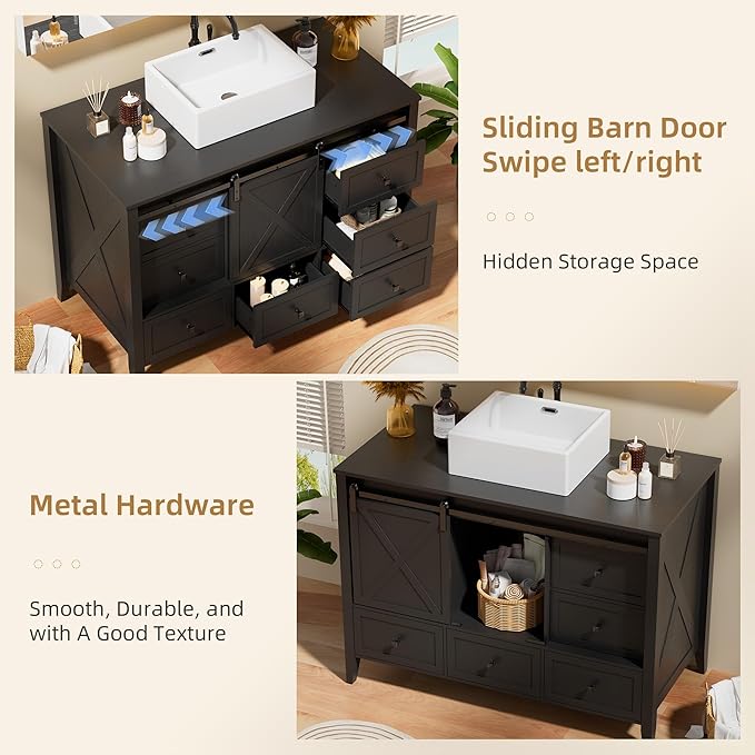 VNN Bathroom Vanity with Sink - 48 Inch Bathroom Vanity with Sink Ceramic, Freestanding Cabinet with Farmhouse Sliding Barn Door and 7 Drawers, Space-Saving Storage Cabinet, Wood Grain Texture, Black