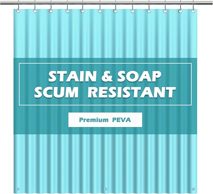 EHZNZIE Shower Curtain Liner Light Weight PEVA, Shower Liner 72x72 Inches, Waterproof, No Chemical Smell with 12 Rust Proof Metal Grommets for Bathroom Shower Curtain, Aqua