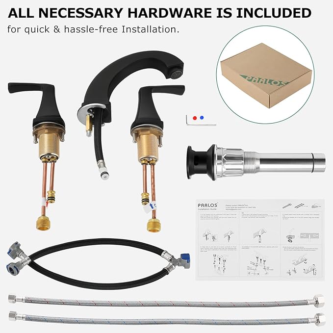 PARLOS Matte Black Widespread Bathroom Faucet with Metal Pop Up Drain and cUPC Faucet Supply Lines, Doris 14258