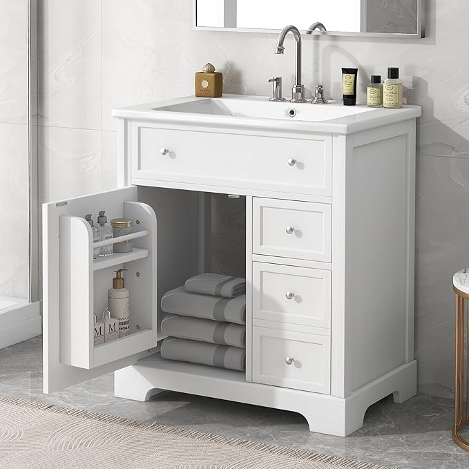 LUMISOL 30" Bathroom Vanity with Sink Combo, Solid Wood Bathroom Vanity with 2 Drawers and Storage Racks on Door, Freestanding Bathroom Storage Cabinet with Ceramic Basin Sink, White