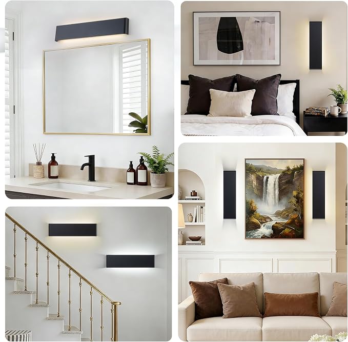 2 Pack 21.65in Modern LED Wall Sconces, Hardwired Up Down Lamp | 5CCT Adjustable 3000K-6500K. Black Indoor Wall Mounted Lights. Ideal Fixtures for Bathroom, Hallway, Bedroom, Living Room.