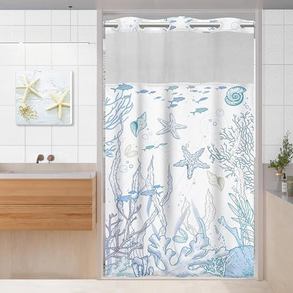 Small No Hook Shower Curtain and Liner Set, Blue Beach Coastal 36x74 | Nautical Ocean for Bathroom, with Snap in Liner Replacement, Mesh Top Window, Waterproof, Machine Washable, Quick-Drying