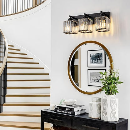 Black Bathroom Vanity Light 3 Lights, Crystal Bathroom Wall Light Fixtures Modern Vanity Light Over Mirror (Exclude Bulb)