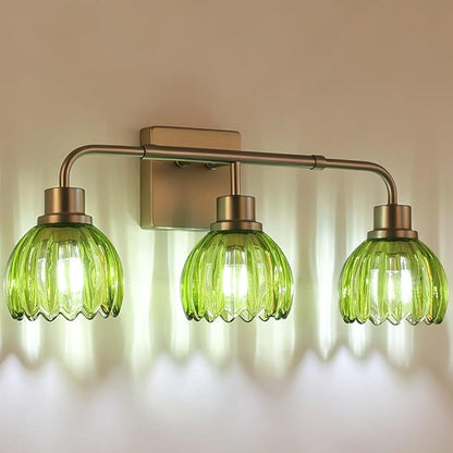 Ralbay Vintage Vanity Lights Bathroom Light Fixture Over Mirror for Bath Brushed Nickel Modern Wall Sconces with Green Crystal Glass Shade for Bedroom,Living Room,Hallway(3-Light)