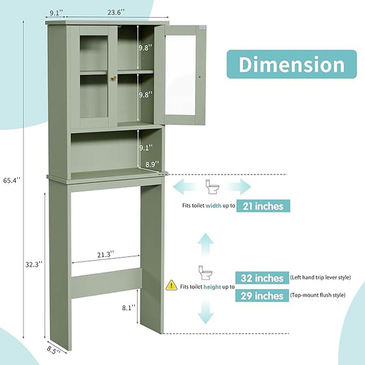 Shintenchi Over the Toilet Storage Cabinet, Bathroom Shelf Organizer with Anti-Tip Device Small Freestanding Space Saver with Adjustable Shelf and Glass Door, Green