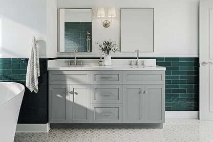 ARIEL Hamlet 66-inch Bathroom Vanity with Sink,Solid Wood, 1.5-inch Pure White Quartz Countertop & Backsplash, Double Rectangular Porcelain Sink, 4 Soft Closing Doors, 3 Dovetail Drawers, Grey
