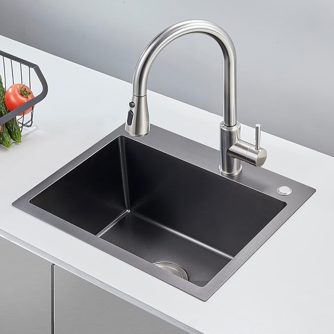 24 inch Drop-In Single Bowl Kitchen Sink 304 Black Steel 9" Deep | 24"x18" Black Drop in Sink | 304 SS | Topmount | 9" Deep Basin | Single Bowl | Residential/Prep