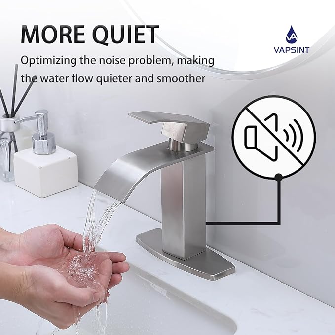 VAPSINT Brushed Nickel Waterfall Bathroom Faucet, Modern Single Handle Bathroom Sink Faucet for 1 or 3 Hole, Stainless Steel Deck Mount Vanity Washbasin Faucets with Deck Plate and Pop-up Drain