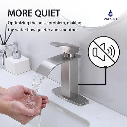 VAPSINT Brushed Nickel Waterfall Bathroom Faucet, Modern Single Handle Bathroom Sink Faucet for 1 or 3 Hole, Stainless Steel Deck Mount Vanity Washbasin Faucets with Deck Plate and Pop-up Drain