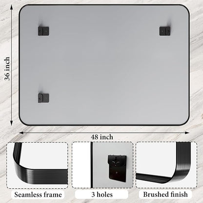 48X36 Inch Black Metal Framed Bathroom Mirror for Wall, Matte Black Vanity Mirror Farmhouse, Large Rounded Rectangle Mirror, Anti-Rust, Tempered Glass, Hangs Horizontally or Vertically