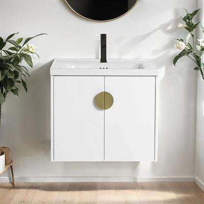 24 Inch Floating Vanity, 24" Bathroom Vanity with Sink, Single Sink Wall Mounted Vanity Combo, Modern Wall Mounted Cabinet Set with Ceramic Sink,White