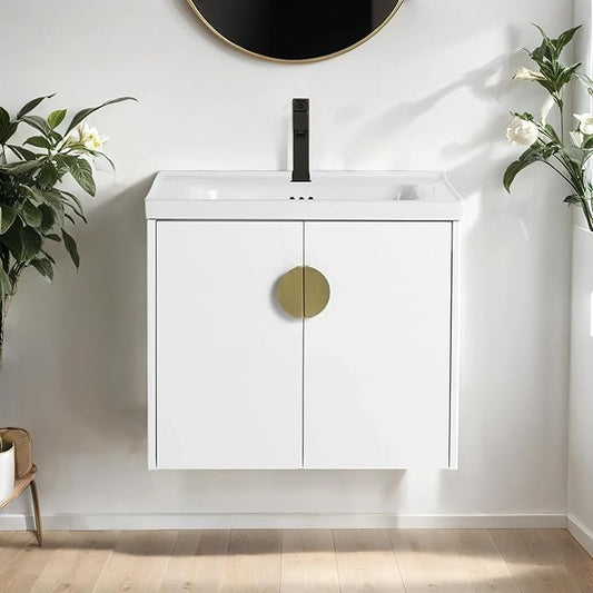 24 Inch Floating Vanity, 24" Bathroom Vanity with Sink, Single Sink Wall Mounted Vanity Combo, Modern Wall Mounted Cabinet Set with Ceramic Sink,White