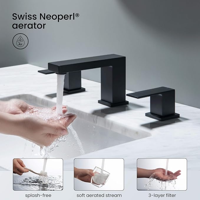 2-Handle Cube Bathroom Sink Faucet with Drain Assembly | 3-Hole Installation, Solid Brass Construction | 8-Inch Wide Spread Lavatory Faucet | Matte Black, KBF1024