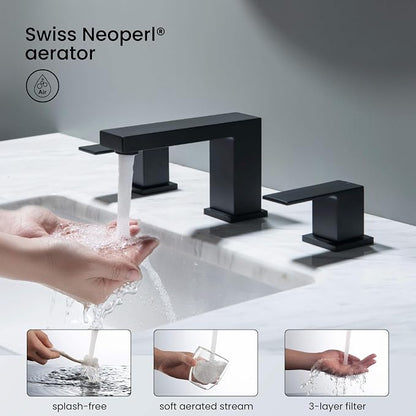 2-Handle Cube Bathroom Sink Faucet with Drain Assembly | 3-Hole Installation, Solid Brass Construction | 8-Inch Wide Spread Lavatory Faucet | Matte Black, KBF1024