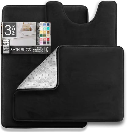 Clara Clark 3 Piece Bathroom Rugs Bath Mat Set, Velvet Memory Foam Bath Mats for Bathroom - Non-Slip, PVC Backing Bath Rugs, Washable - Dries Quickly, Black