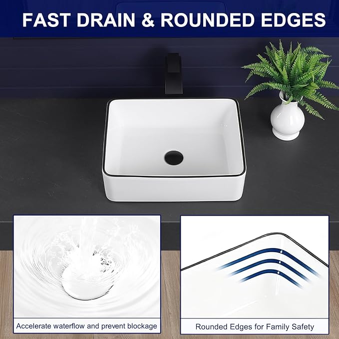 19"x15" Vessel Sink Bathroom Sink Rectangular Modern White with Black Trim Porcelain Ceramic Above Counter Vanity Sink for Bathrooms Art Basin