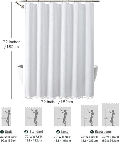 OVZME White Shower Curtain for Bathroom, Puff Printed Textured Shower Curtain with Tassels, Rustic Geometry Heavy Duty Vintage Country Bathroom Curtain, Water Resistant Fabric, 72Wx72L Inches
