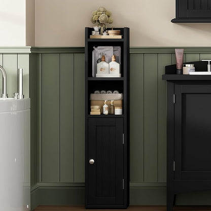 ChooChoo Small Bathroom Storage Cabinet, 7.1“W * 7.9”D Corner Floor Cabinet with Door and Adjustable Shelf, Narrow Toilet Paper Cabinets, Slim Bathroom Organizers for Small Spaces and Bathroom, Black