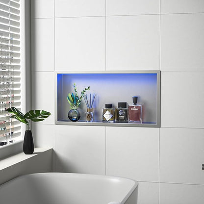 Stainless Led Shower Niche 24"x12" Brushed RGB Light No Tile Needed | 304 stainless steel shower niche,recessed dimmable niche shower,Led driver & remote control included,dropped in niche