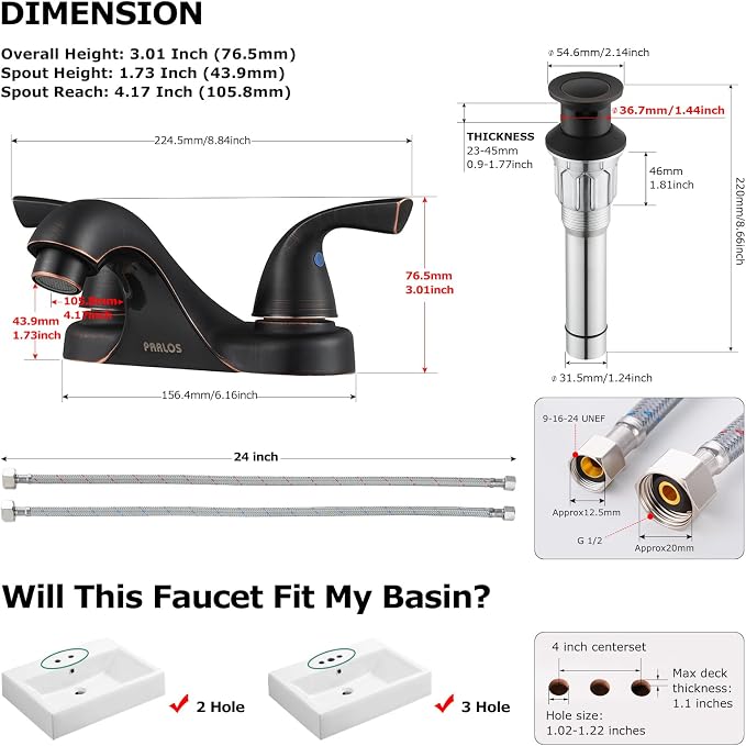 Oil Rubbed Bronze Bathroom Faucet 4 Inch Centerset for Lavatory Sink | Mid Arc, 2 Handle Lead-Free RV Bathroom Faucet with Metal Pop Up Drain Supply Lines, for 2 or 3 Hole Lavatory Utility Sink