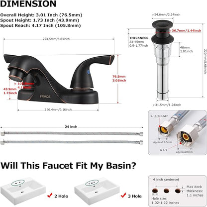 Oil Rubbed Bronze Bathroom Faucet 4 Inch Centerset for Lavatory Sink | Mid Arc, 2 Handle Lead-Free RV Bathroom Faucet with Metal Pop Up Drain Supply Lines, for 2 or 3 Hole Lavatory Utility Sink