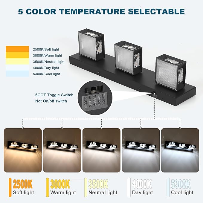 Joossnwell Modern Crystal Vanity Light 3-Light, 5CCT Selectable LED Bathroom Light Fixtures Over Mirror, Dimmable Matte Black Bath Wall Sconce with 350° Rotatable Head, Acrylic Diffuser, 20.5 Inch