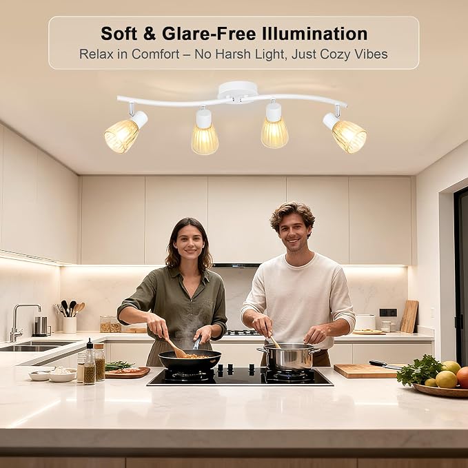HiBay 4-Light Track Lighting White, Adjustable Modern Ceiling Light Fixture | with Glass Shades, Flush Mount Ceiling Wall Spotlight Indoor for Bathroom, Kitchen, Living Room, E12 Base, No Bulbs