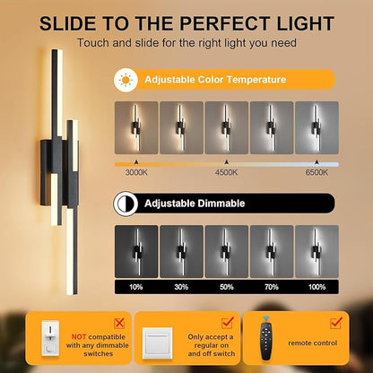 Modern LED Vanity Lights Set of 2, Black Wall Sconce with Remote Control Dimmable Indoor Wall Light Bedside Remote Sconce for Bedroom Bathroom Living Dining Room (27.6inch 2 Pack)