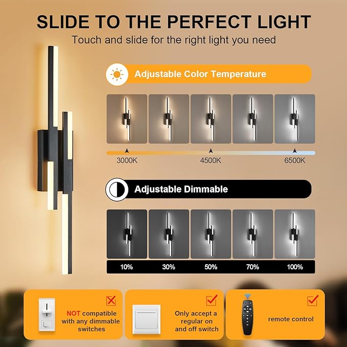 Modern LED Wall Sconce Black Remote Wall Light Fixtures for Bathroom, Dimmable Vanity Light Indoor LED Remote Wall Sconce for Bedside Bedroom Living Dining Room (27.6inch 3000-6500K 1 Pack)