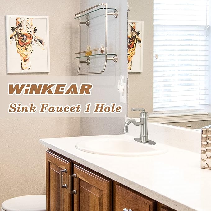 Roman Bathroom Sink Faucet Brushed Nickel Single Hole Deck-Mount Pop-up Drain Assembly with Overflow Deck Plate and Water Supply Lines Included