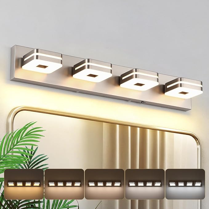 Modern Bathroom Vanity Light Fixture, 5CCT Dimmable LED Wall Sconce, Brushed Nickel Vanity Lights for Mirror, 4-Light Acrylic Bathroom Light Fixtures Over Sink, Indoor Restroom