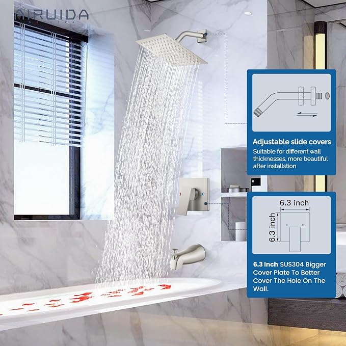 Airuida 8 Inch Shower Faucet Set,Bathtub Faucet Kit,Brushed Nickel | Shower Tub Faucet Set,Male Threads Rough-In Valve,Square Head Shower System