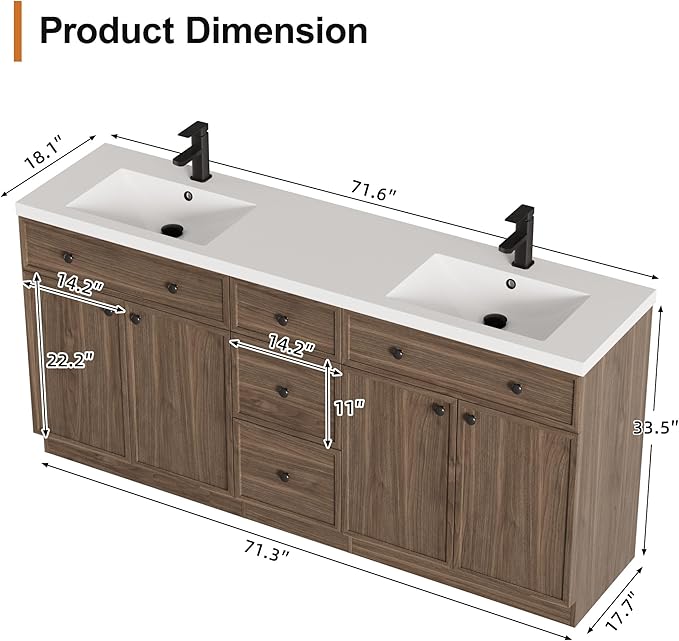 LUCKWIND 72" Bathroom Vanity Sink Combo, Modern Bathroom Cabinet with Double Undermount Solid Surface Vanity Sink, Soft-Close Hinges & Water-Saving Faucet, Taupe
