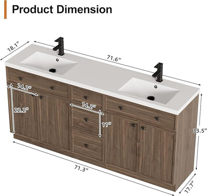 LUCKWIND 72" Bathroom Vanity Sink Combo, Modern Bathroom Cabinet with Double Undermount Solid Surface Vanity Sink, Soft-Close Hinges & Water-Saving Faucet, Taupe