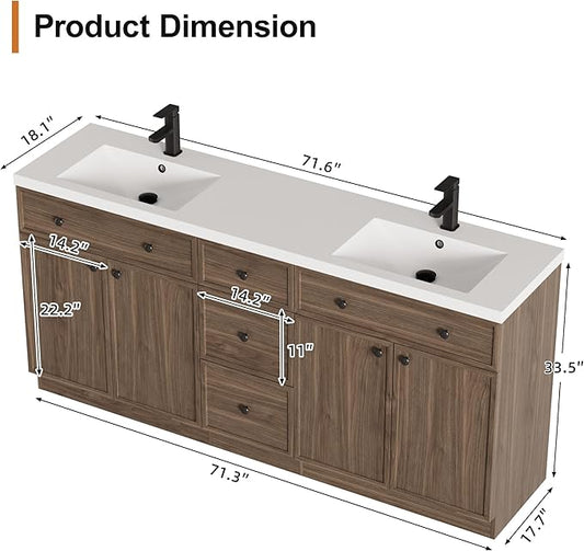 LUCKWIND 72" Bathroom Vanity Sink Combo, Modern Bathroom Cabinet with Double Undermount Solid Surface Vanity Sink, Soft-Close Hinges & Water-Saving Faucet, Taupe