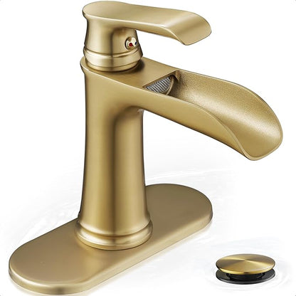 Waterfall Faucet, Brass Gold Bathroom Faucet 1 Hole, 1 Handle Bathroom Faucets for Sink 3 Hole (4 Inch) with Pop-up Drain, Hoses & Deck Plate