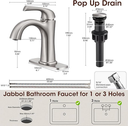 Brushed Nickel Single Hole Bathroom Faucet, Single Handle Brass Bathroom Sink Faucet, Lavatory Vanity Faucet for 1 or 3 Holes, Bathroom Faucets with Pop Up Drain and Supply Lines, Deck Plate
