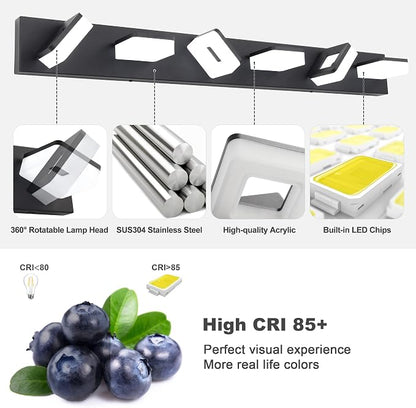 GOODATE 3 Colors Dimmable Bathroom Light Fixtures Over Mirror, LED Black Vanity Lights, Acrylic Stainless Steel 6 Light Bathroom Vanity Light Fixtures, Adjustable 3000K/4000K/6000K, 360° Rotate