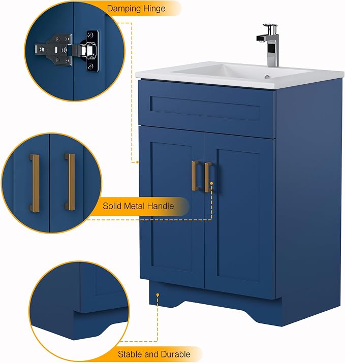 24 Inch Bathroom Vanity, Wooden Double Door Bathroom Sink Storage Cabinet, Freestanding Modern Cabinet Vanity Without Sink (Blue No Sink, 24")