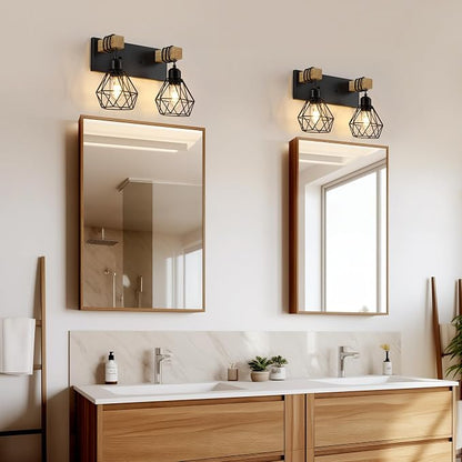 VbiTmn Bathroom Light Fixtures, 2 Light Black Farmhouse Wood Vanity Lights | Rustic Design, Diamond Metal Shades, Easy to Install, Wall Sconces for Bathroom, Bedroom, Makeup Area, Over Vanity Mirror