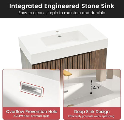 36" Bathroom Vanity with Sink, Freestanding Single Sink Bathroom Vanity with White Engineered Stone Top & Open Side Storage, Soft-Closing Doors with Adjustable Shelf, Walnut