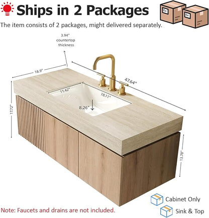 48" Bathroom Vanity with Sink, Roma Travertine-Pattern Countertop and 3 Pre-drilled Faucet Holes Ceramic Basin, Wall Mounted Bathroom Vanities with Drawer and 2 Doors, Pre-Assembled, Light Wooden