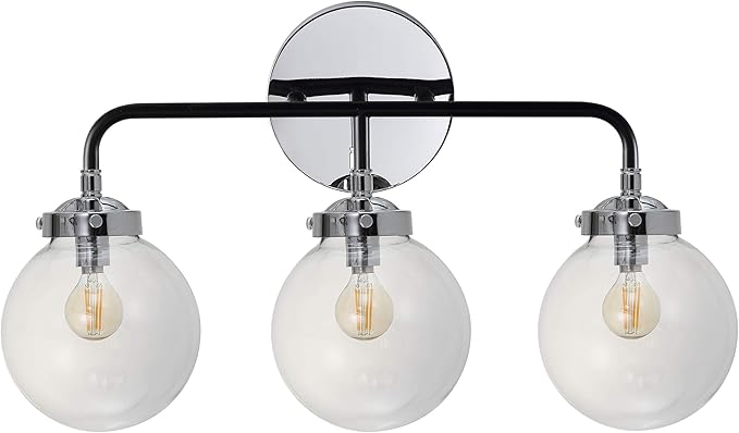 JONATHAN Y 22" Chrome/Black 3-Light LED Wall Sconce Vanity Lighting, Clear Glass Globe Shade Modern Contemporary Sconce for Bathroom Mirror, Hallway, UL Listed (JYL9058A)