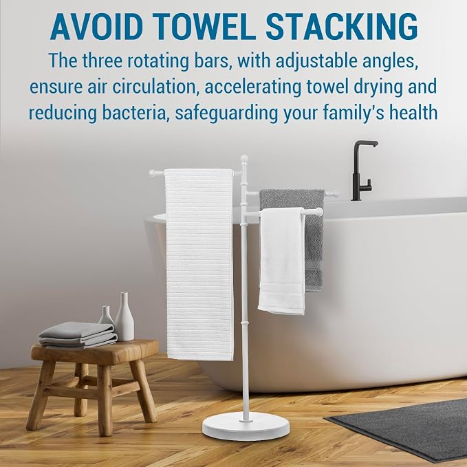 MyGift 40 Inch Freestanding Towel Rack, 3 Swivel Bar Bathroom Drying Stand | Three rotating bars provide convenient towel drying and storage for bathrooms, pools, spas, and hot tub areas