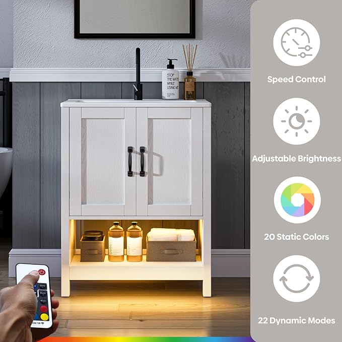 24 Inch Bathroom Vanity with Sink, Modern Bathroom Cabinet with LED Light, Bathroom Vanity Set, Double Soft Closing Cabinet Door with Organizer, White