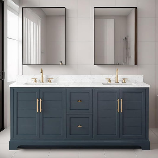 HOMEBEYOND 72 Inch Bathroom Vanity with Double Sink & Ceramic Top, Vanity Cabinet with Center Countertop Basin, Soft-Closing Doors, Backsplash, Vintage Spruce Blue