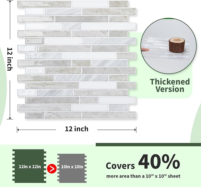 LONGKING 10-Sheet Extra Thick Peel and Stick Backsplash Tiles, Waterproof Kitchen Backsplash Peel and Stick Tile, Self-Adhesive Backsplash for Kitchen, Beige & White | Peel and stick backsplash, self-adhesive wall tile, Beige White, extra thick, waterp...
