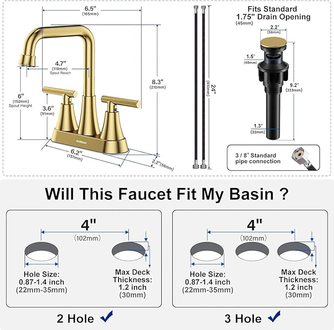 Bathroom Sink Faucet, Hurran 4 inch Brushed Gold Bathroom Faucets for Sink 3 Hole with Pop-up Drain and Supply Hoses, 360 Swivel Spout 2-Handle Centerset Faucet for Vanity RV Farmhouse