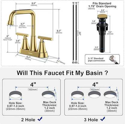 Bathroom Sink Faucet, Hurran 4 inch Brushed Gold Bathroom Faucets for Sink 3 Hole with Pop-up Drain and Supply Hoses, 360 Swivel Spout 2-Handle Centerset Faucet for Vanity RV Farmhouse